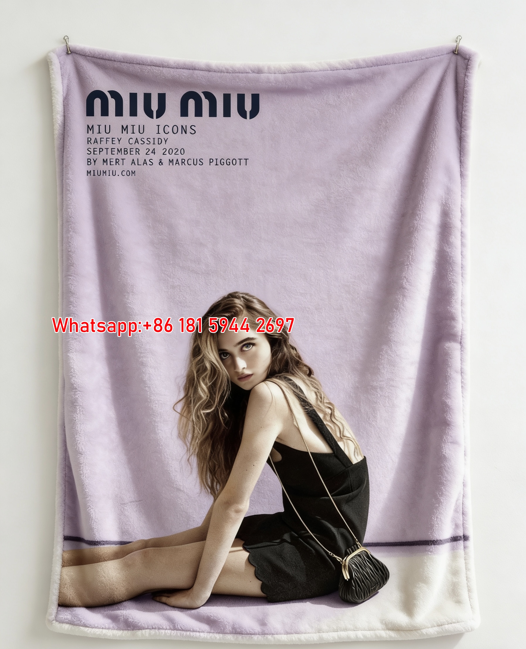 Miu Miu Lilac & Black Raffey Cassidy Portrait & Matelassé Clutch Printed Flannel Sofa Throw Blanket IMG_0464